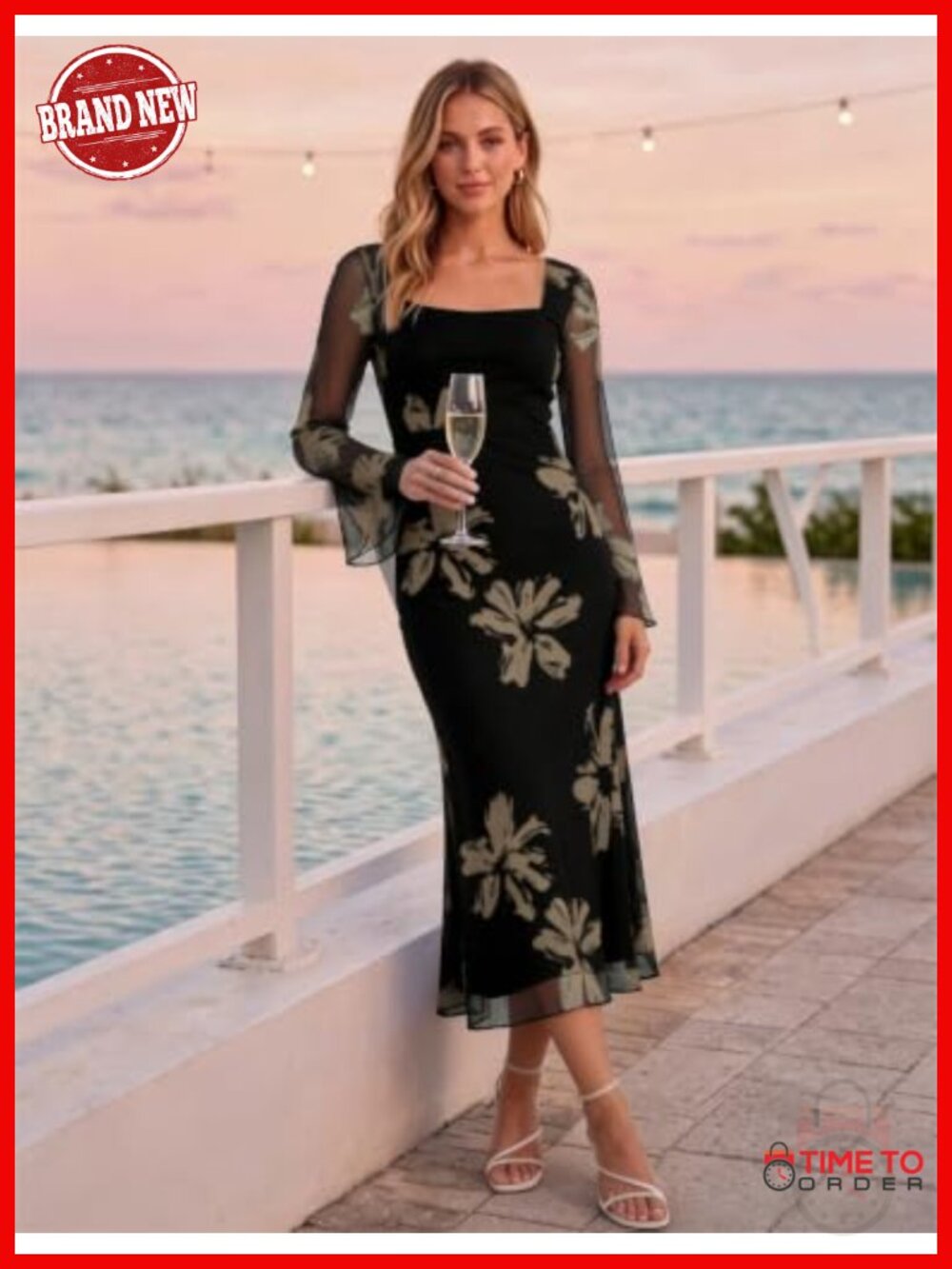 Women Floral Mesh Maxi Dress Bodycon Wedding Guest Cocktail Party Dress - Picture 4 of 6